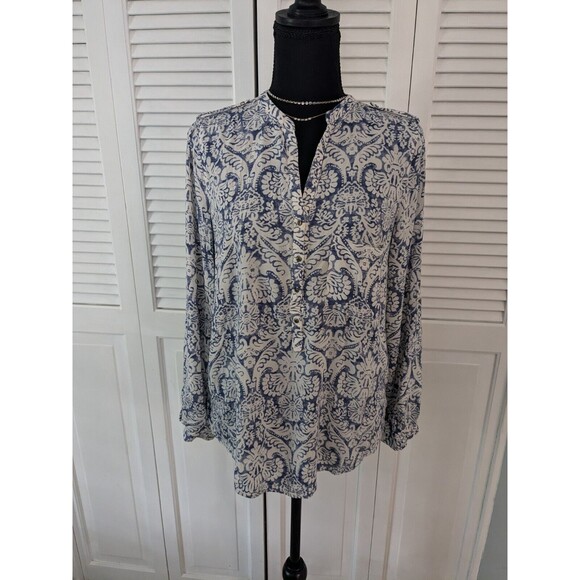 ZARA Blouse Women's Sz L Floral Blue White Button Down Tunic Boho Chic French - Picture 1 of 12